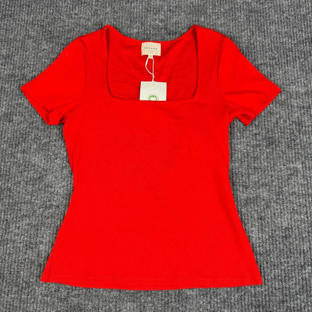Sezane Amara T Shirt Womens XL Red Organic Cotton Square Neck Ribbed NEW